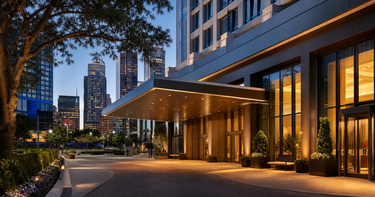 Photoreal historic brick mansion hotel with manicured grounds in Turtle Creek Dallas