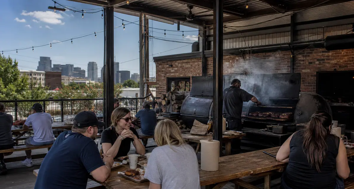 Photoreal relaxed Dallas cafe patio with coffee and breakfast atmosphere