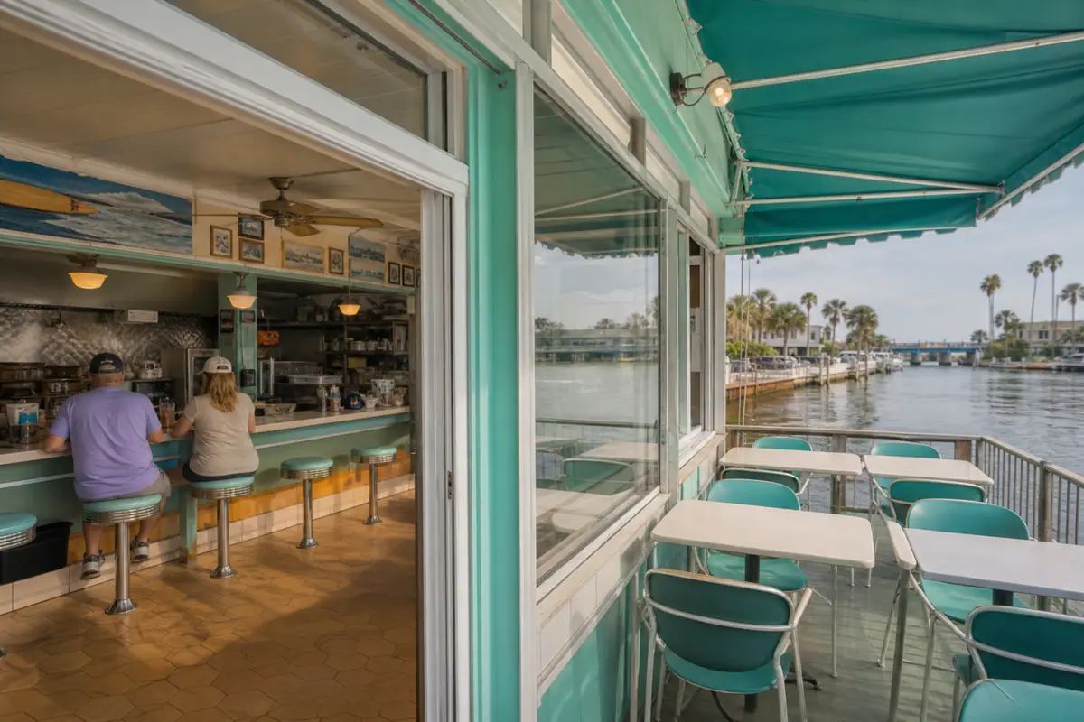 Photoreal travel-editorial view of Cracked Egg Diner in Daytona Beach, Florida
