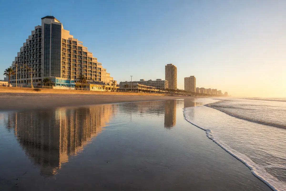 Photoreal travel-editorial view of Daytona Beach in Daytona Beach, Florida