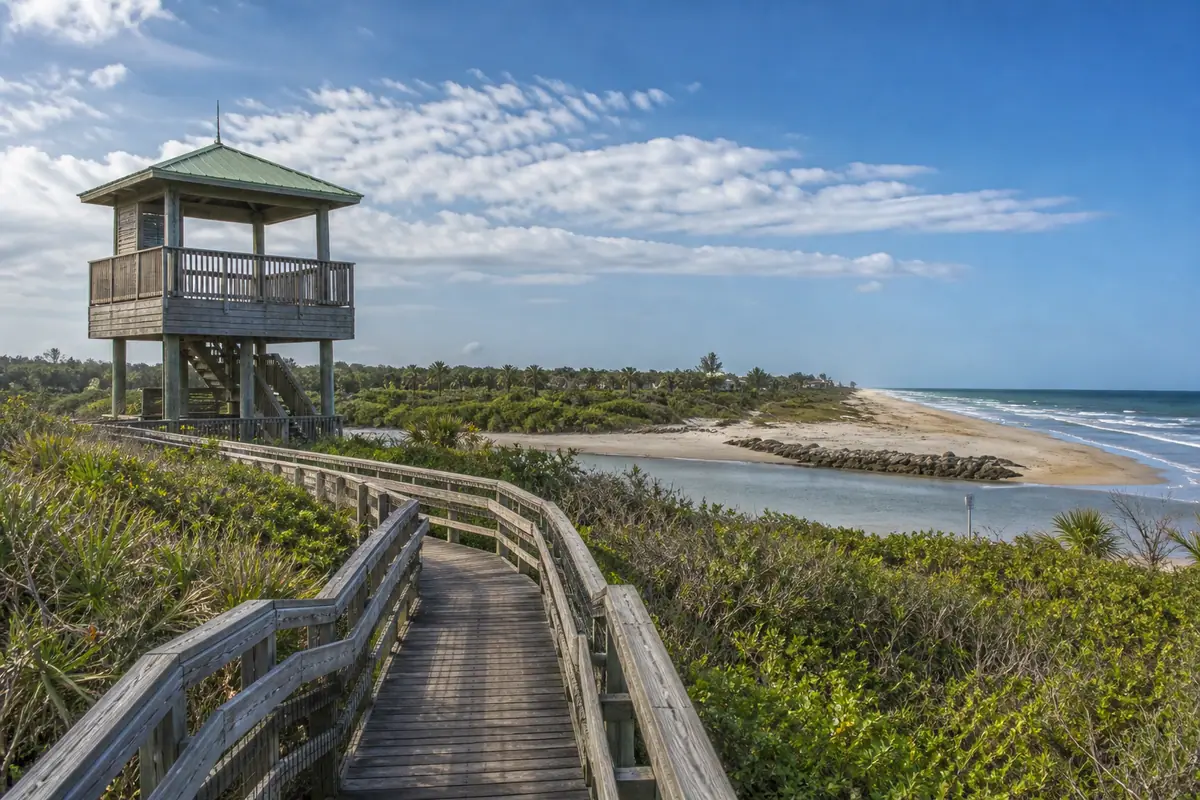 Photoreal travel-editorial view of Smyrna Dunes Park in Daytona Beach, Florida