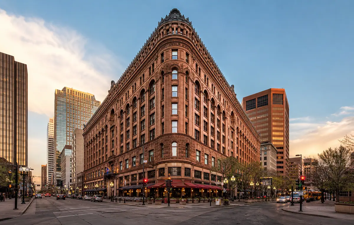 Photoreal exterior of The Brown Palace Hotel and Spa in Denver