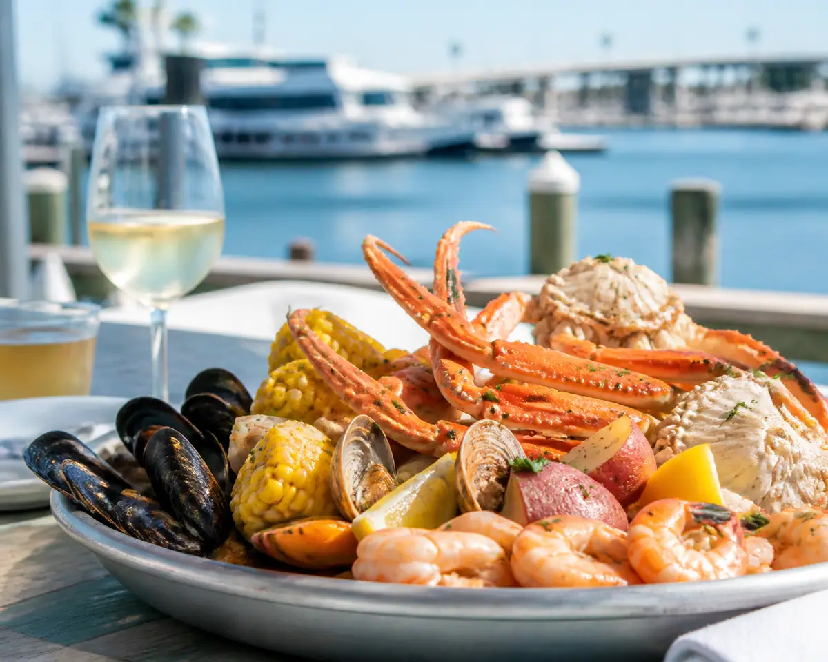Photoreal travel-editorial view of Boshamps Seafood and Oyster House in Destin, Florida