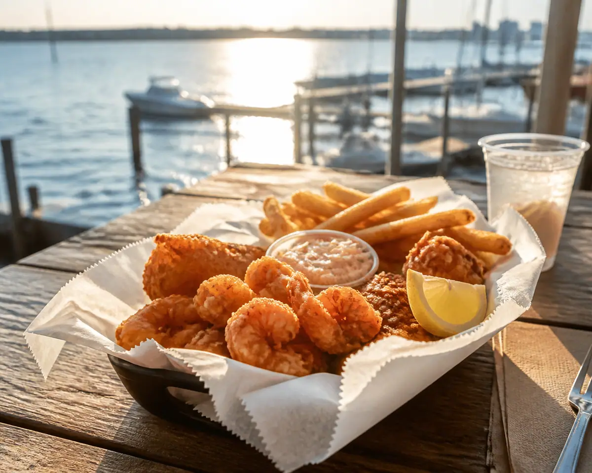Photoreal travel-editorial view of Dewey Destin’s Seafood Restaurant in Destin, Florida