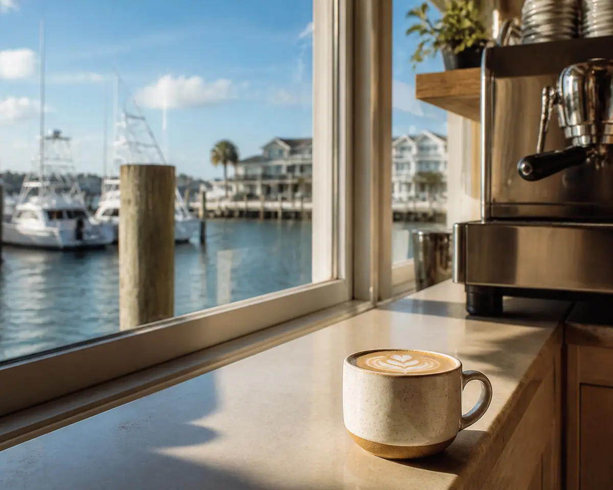 Photoreal travel-editorial view of East Pass Coffee Co. in Destin, Florida
