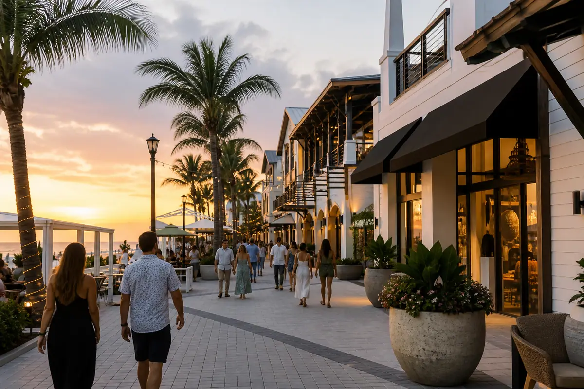 Photoreal travel-editorial view of Destin Commons in Destin, Florida
