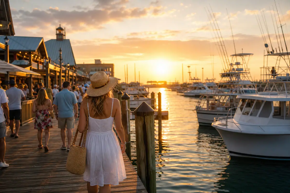 Photoreal travel-editorial view of Destin Harbor Boardwalk in Destin, Florida