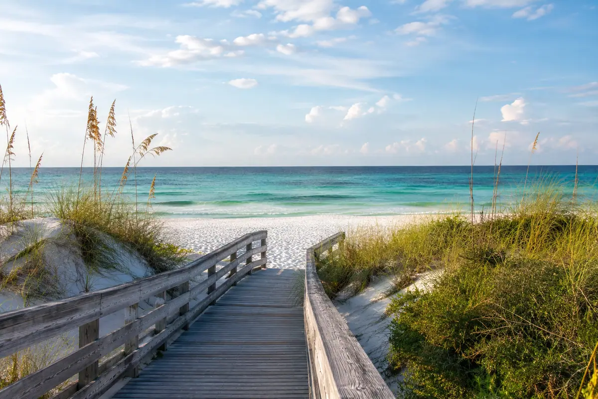 Photoreal white dunes and turquoise water at Grayton Beach State Park