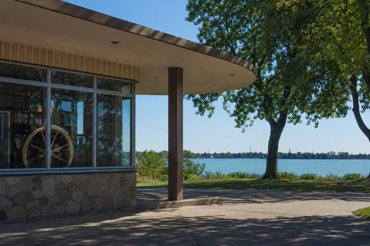 Photoreal waterfront setting of the Dossin Great Lakes Museum on Belle Isle