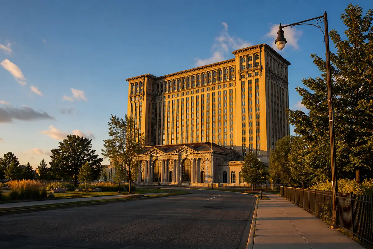Photorealistic view of Michigan Central Station and Corktown Walk in Detroit