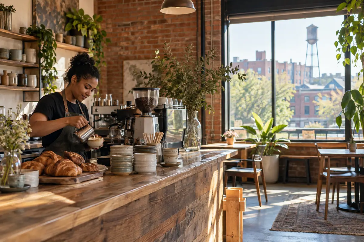 Photorealistic travel-editorial view of Cocoa Cinnamon in Durham, North Carolina