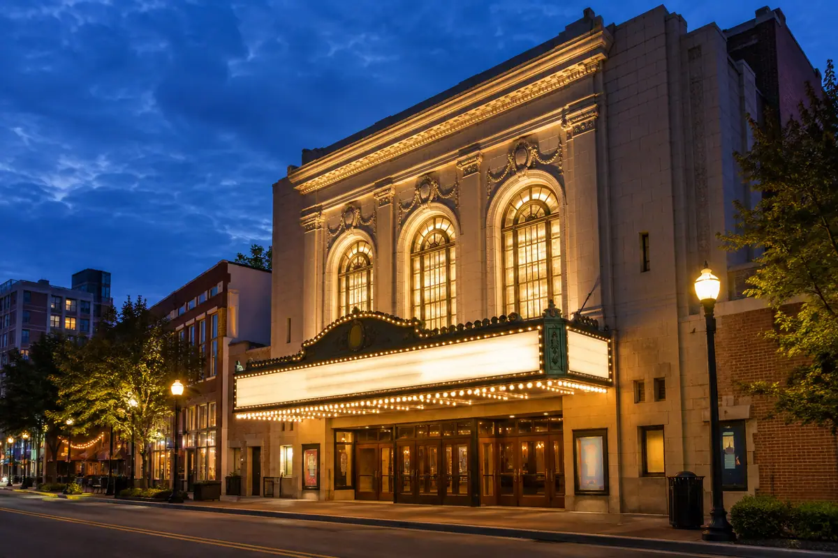 Photorealistic travel-editorial view of Carolina Theatre in Durham, North Carolina