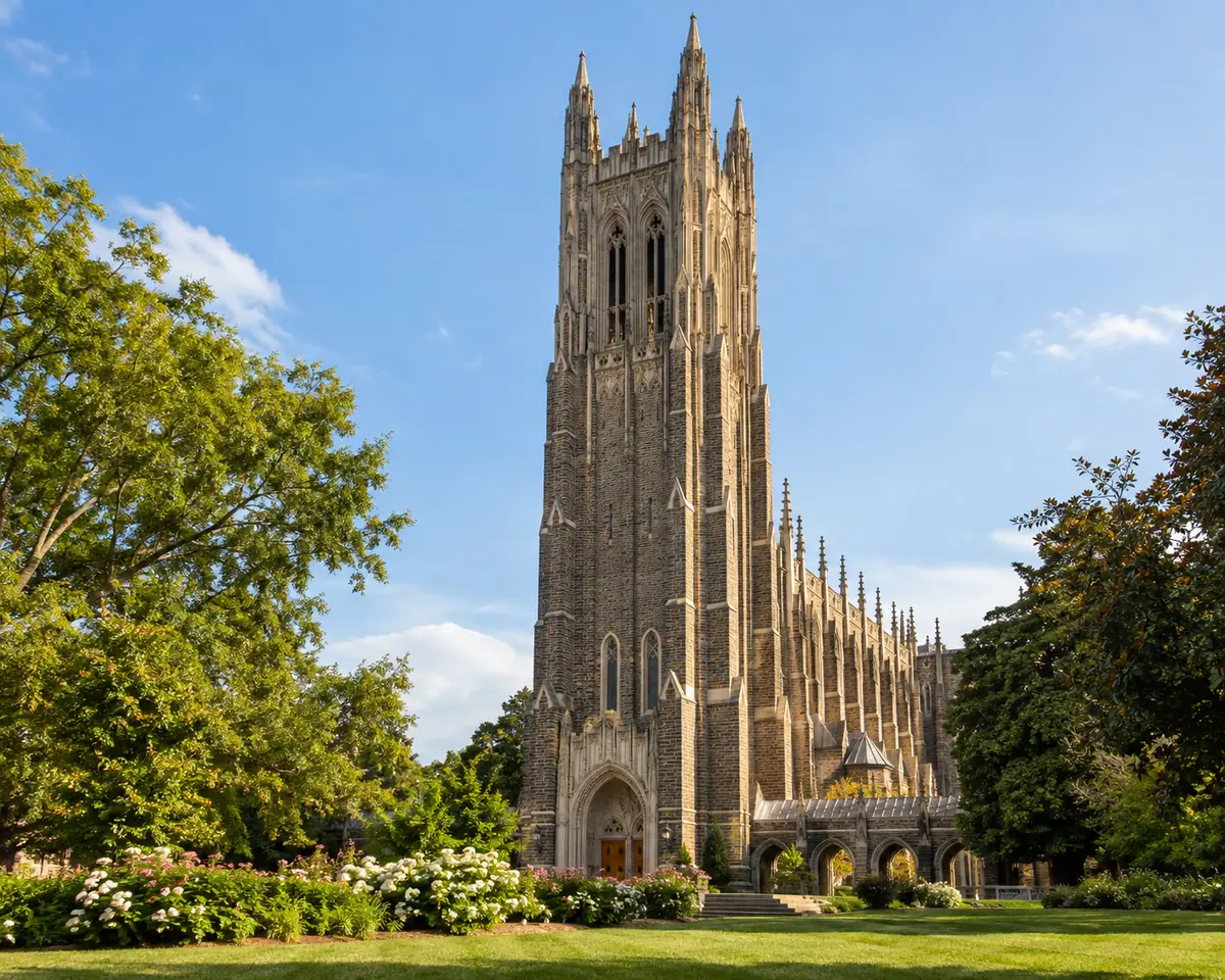 Photorealistic travel-editorial view of Duke University Chapel in Durham, North Carolina