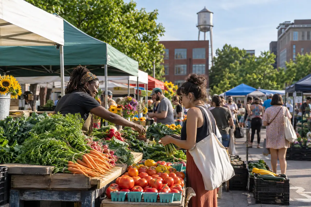 Photorealistic travel-editorial view of Durham Farmers Market in Durham, North Carolina