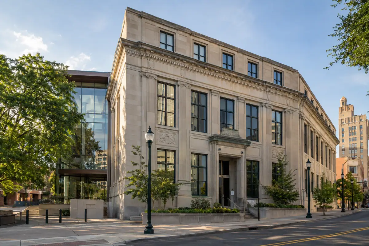 Photorealistic travel-editorial view of Museum of Durham History in Durham, North Carolina