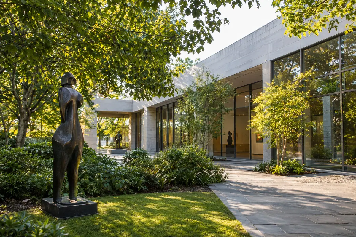 Photorealistic travel-editorial view of Nasher Museum of Art in Durham, North Carolina