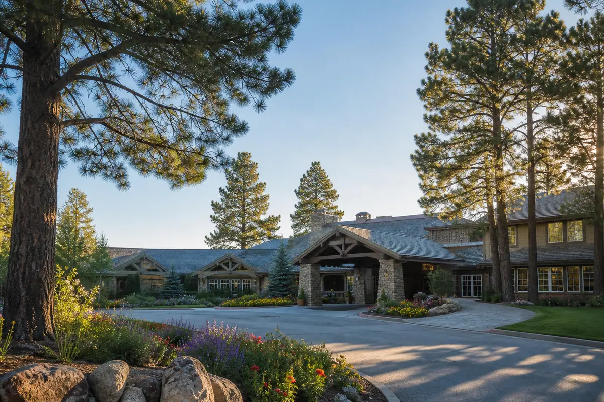 Photoreal travel-editorial exterior of Little America Hotel Flagstaff in Flagstaff, Arizona