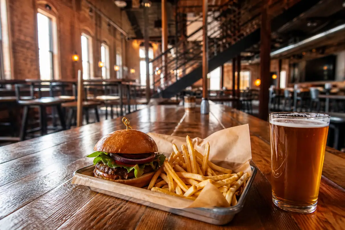 Photoreal dining scene representing Mother Road Brewing Company in Flagstaff, Arizona