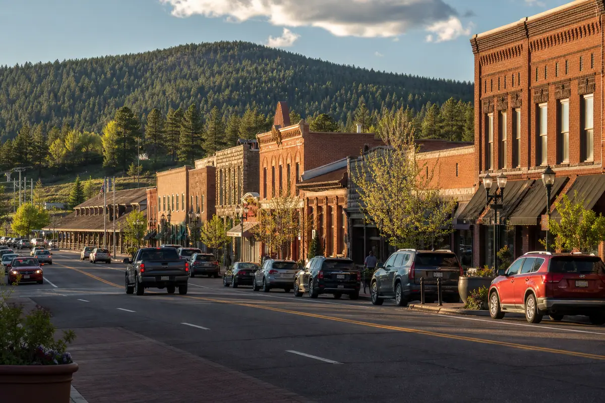 Photoreal travel-editorial view of Historic Downtown and Route 66 in Flagstaff, Arizona