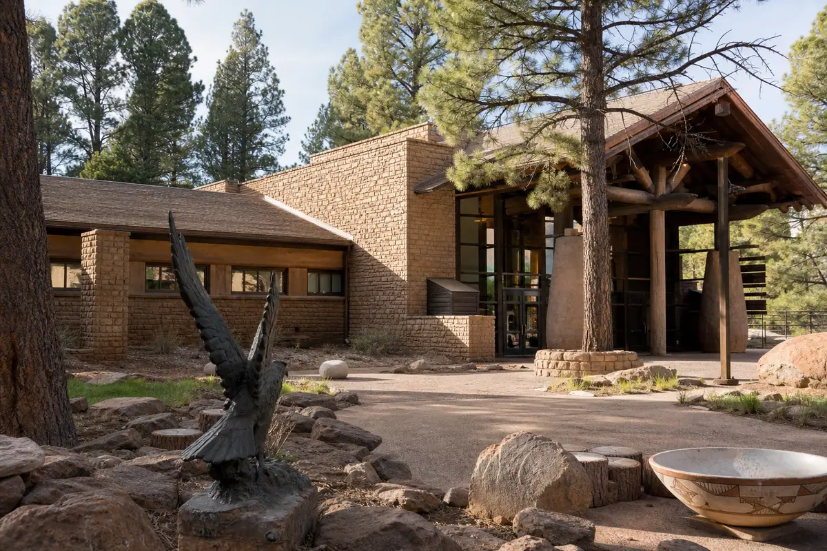 Photoreal travel-editorial view of Museum of Northern Arizona in Flagstaff, Arizona