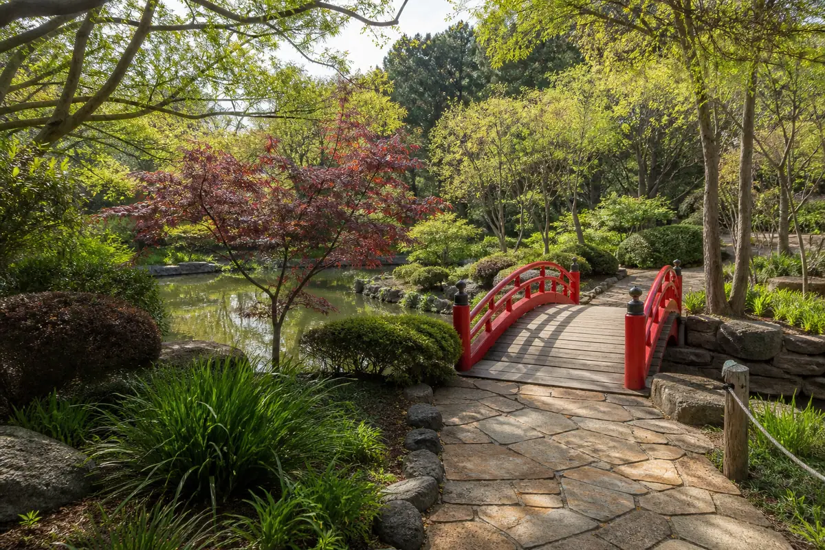 Photoreal editorial view of Fort Worth Botanic Garden in Fort Worth, Texas