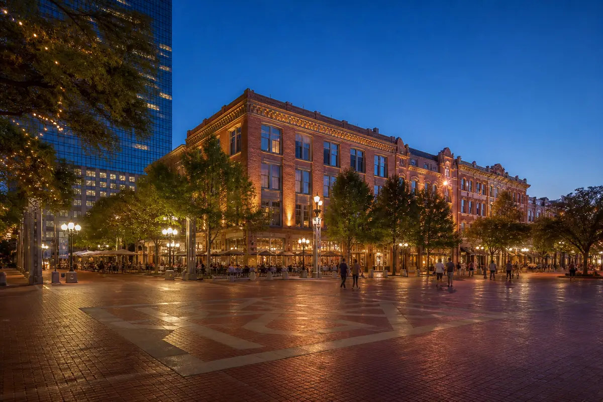 Photoreal editorial view of Sundance Square and Downtown in Fort Worth, Texas