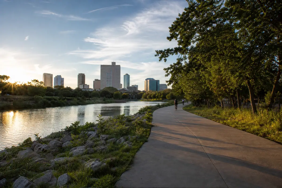Photoreal editorial view of Trinity Trails at Panther Island in Fort Worth, Texas