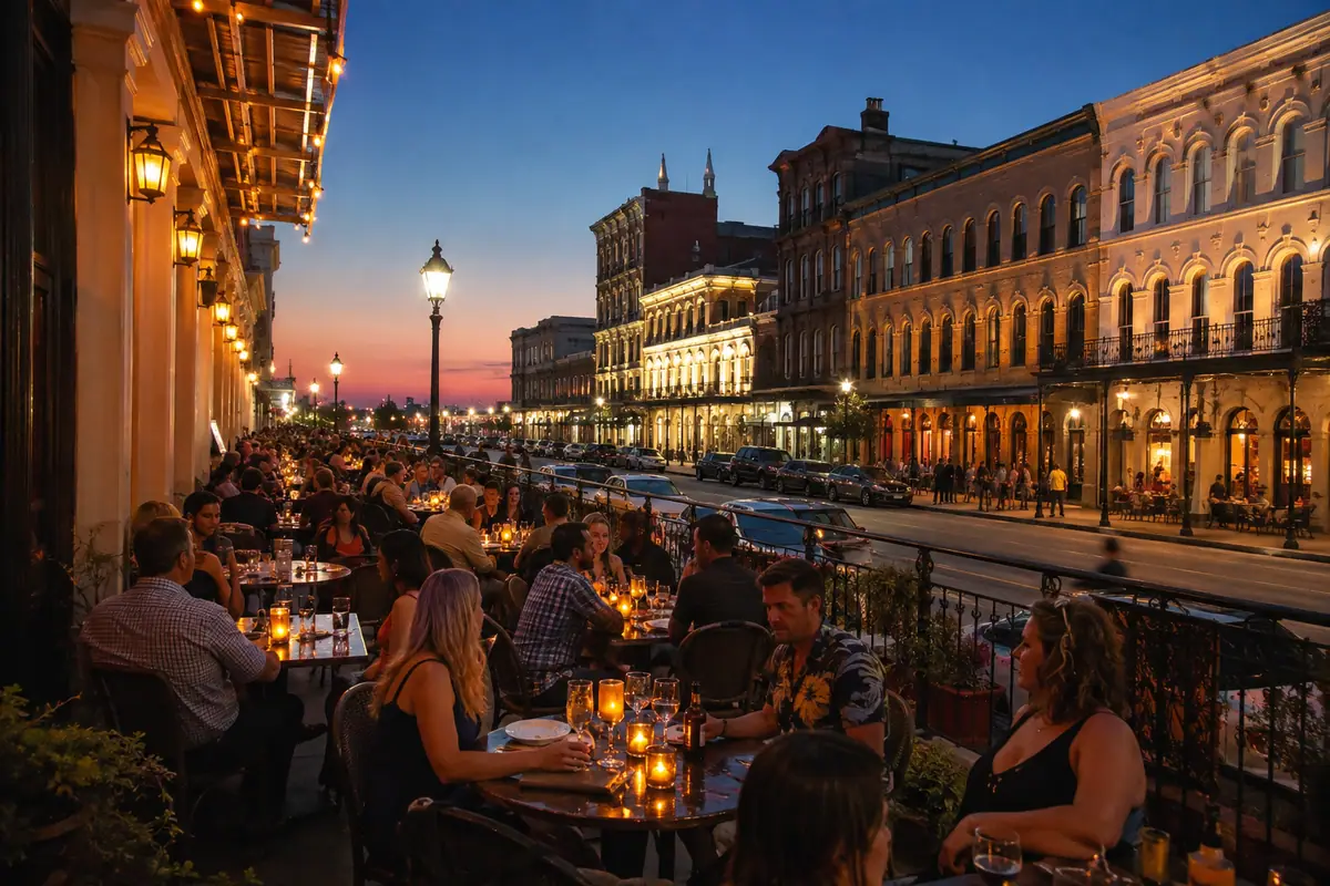 Photoreal travel-editorial view of Rudy & Paco Restaurant & Bar in Galveston, Texas