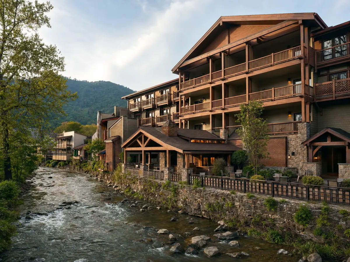 Photoreal exterior of Bearskin Lodge on the River in Gatlinburg