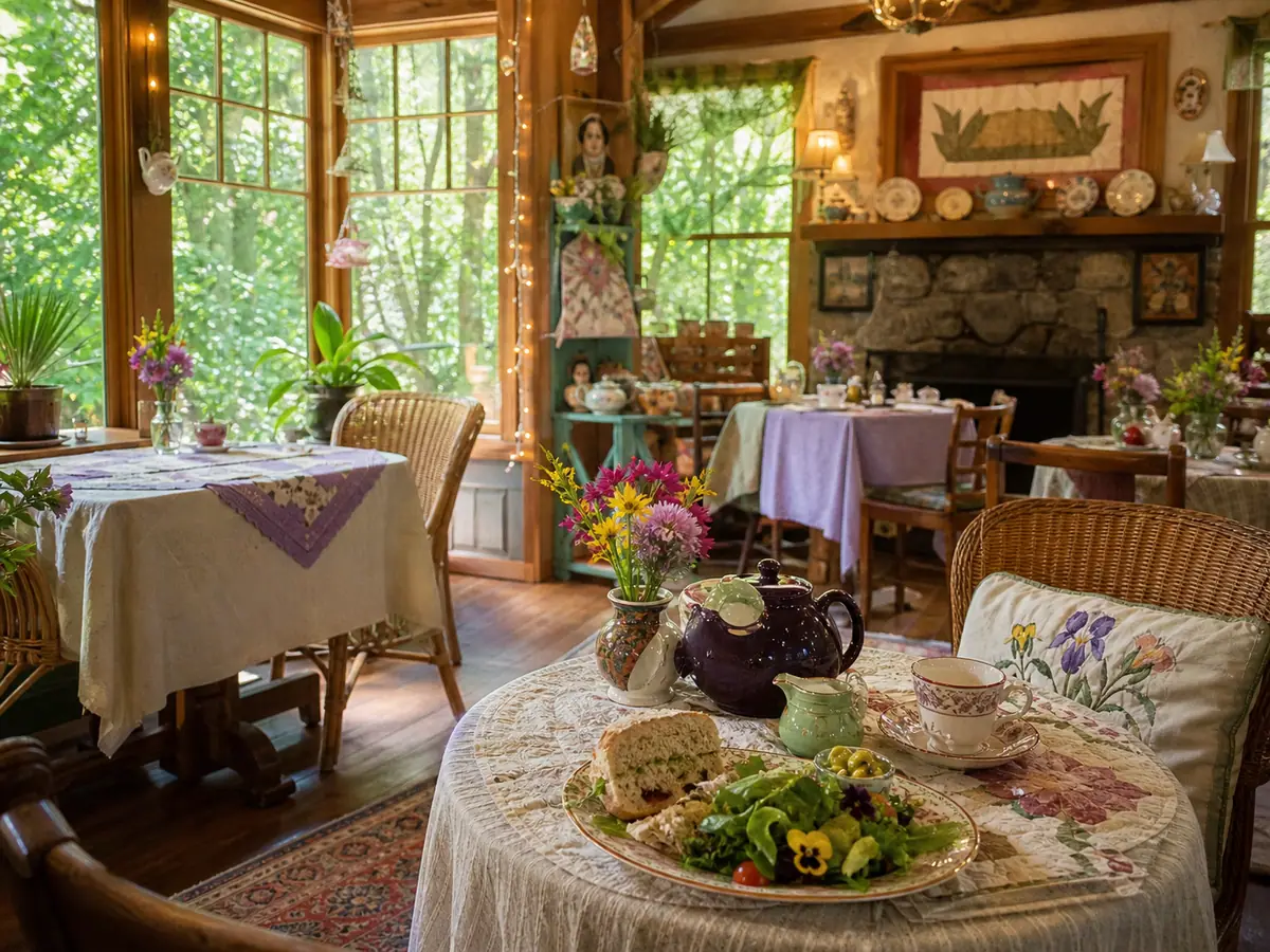 Photoreal dining or food scene representing Wild Plum Tea Room in Gatlinburg