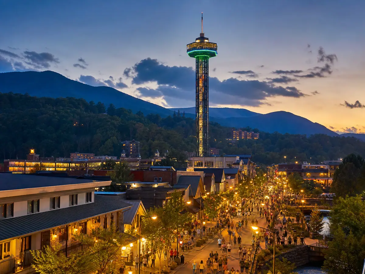 Photoreal Gatlinburg Space Needle and downtown overlook scene