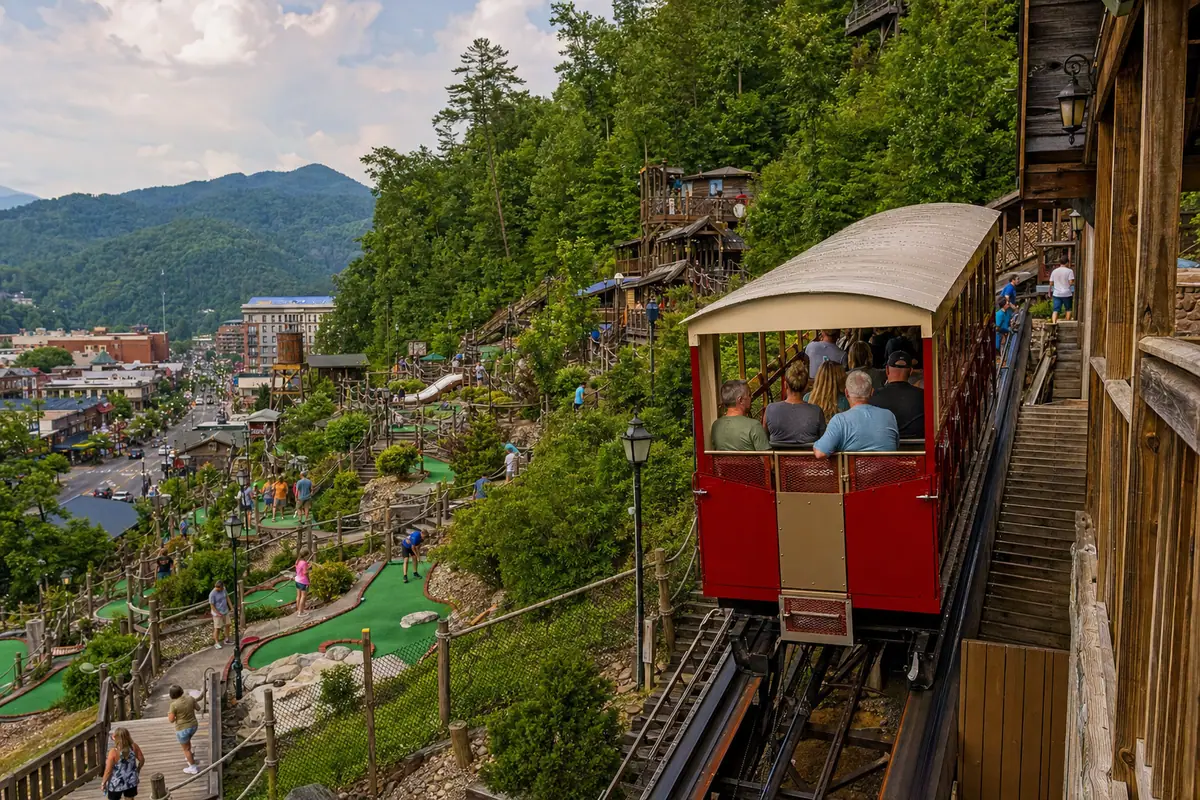 Photoreal Hillbilly Golf hillside mini golf and incline scene in Gatlinburg