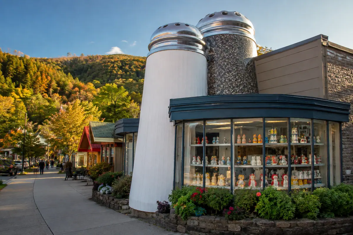 Photoreal quirky mountain-town exterior of Gatlinburg Salt and Pepper Shaker Museum