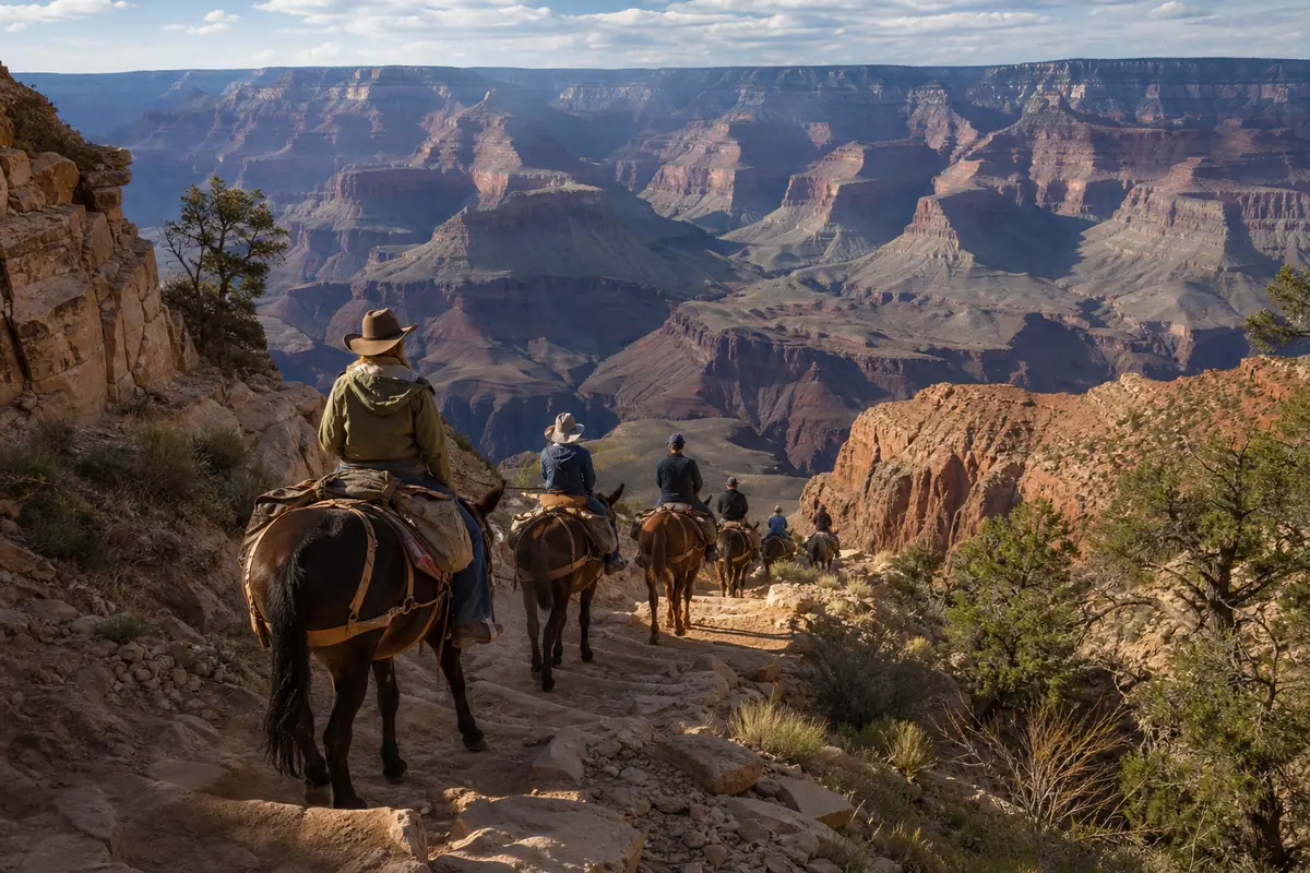 Photoreal mule ride scene along a Grand Canyon trail