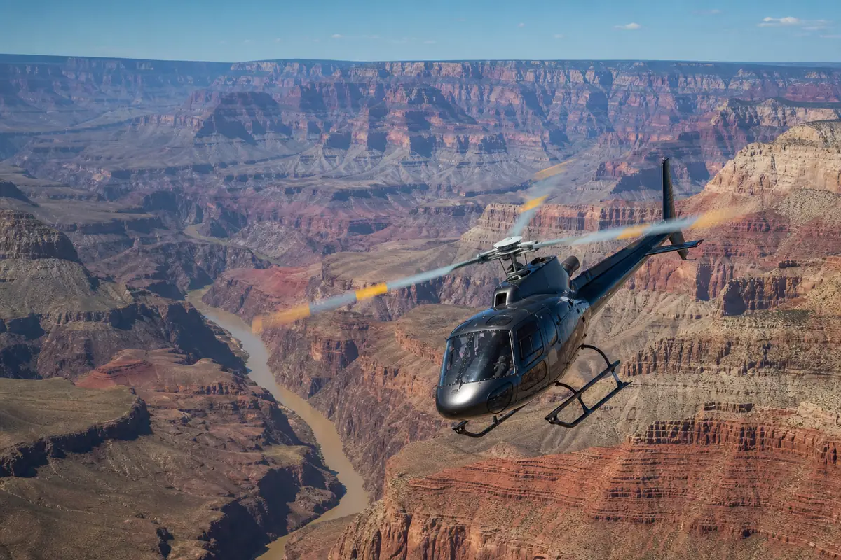 Photoreal helicopter tour scene above the Grand Canyon near Tusayan