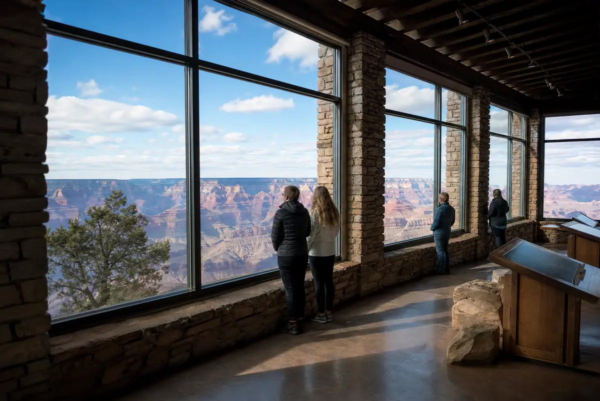 Photoreal Yavapai Geology Museum overlook and interior vibe at the Grand Canyon