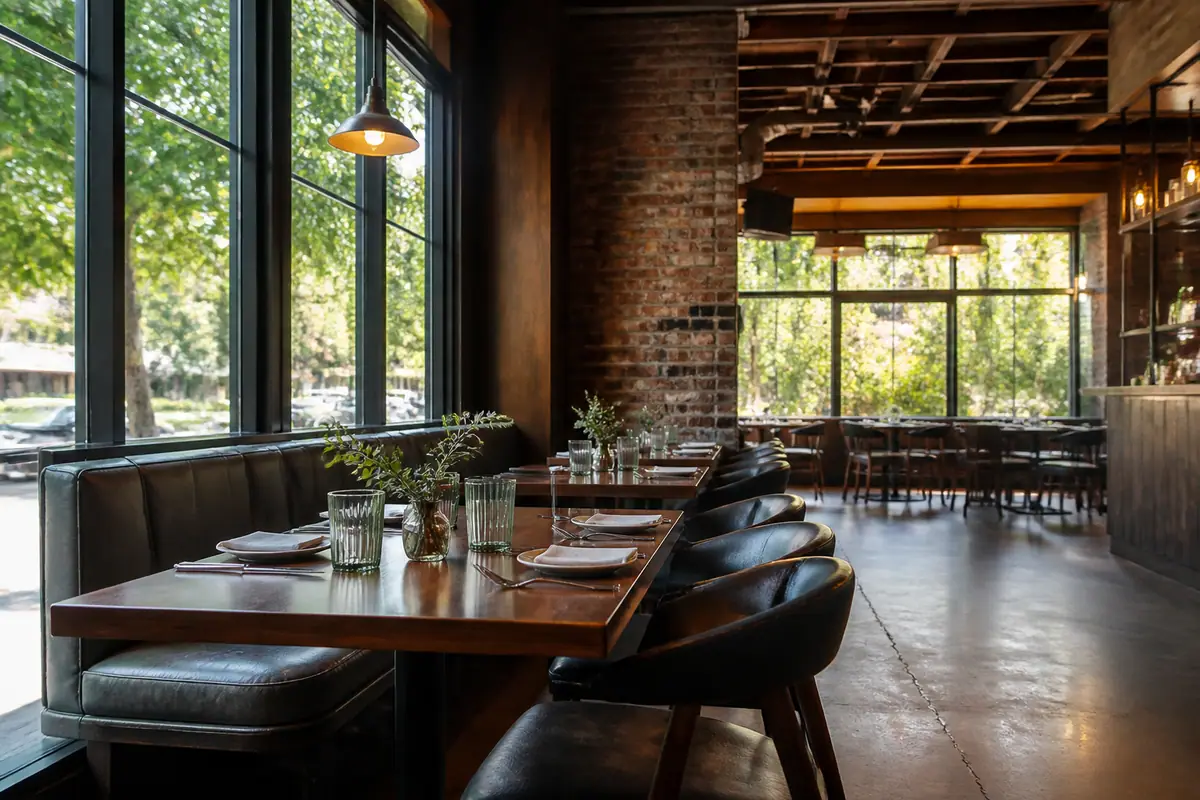Photoreal dining scene at Camp Modern American Eatery in Greenville