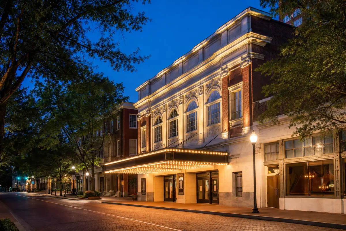 Photoreal historic facade of Greenville Theatre at blue hour