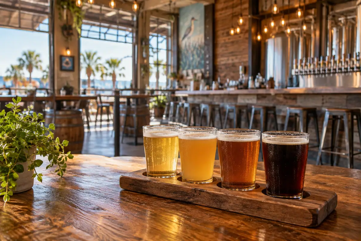 Photoreal travel-editorial view of Big Beach Brewing Company in Gulf Shores, Alabama