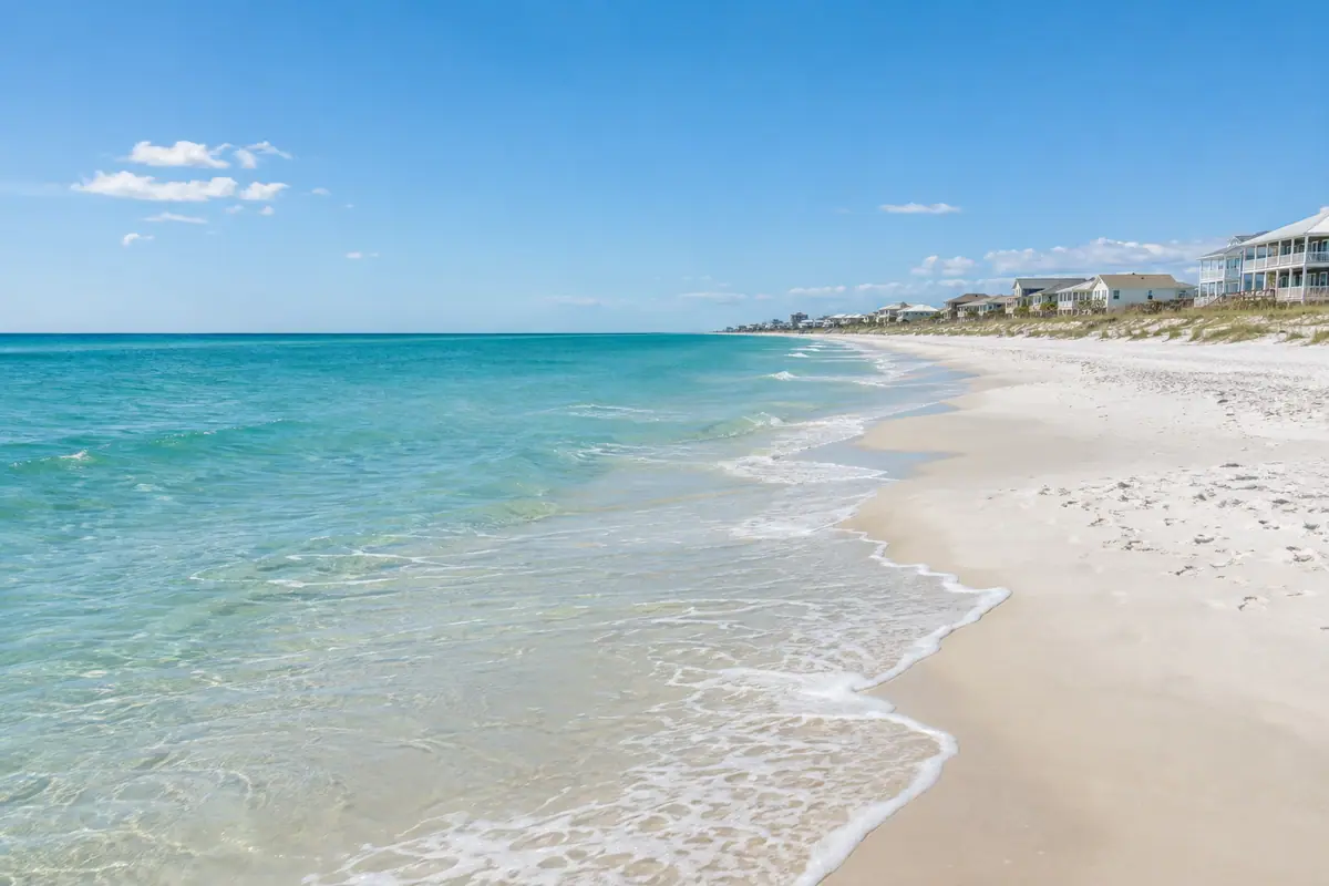 Photoreal travel-editorial view of Gulf Shores Main Public Beach in Gulf Shores, Alabama
