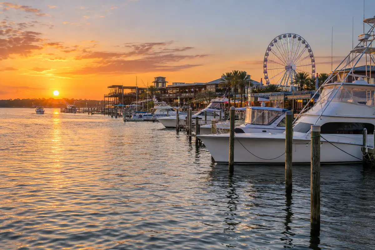 Photoreal travel-editorial view of The Wharf in Gulf Shores, Alabama