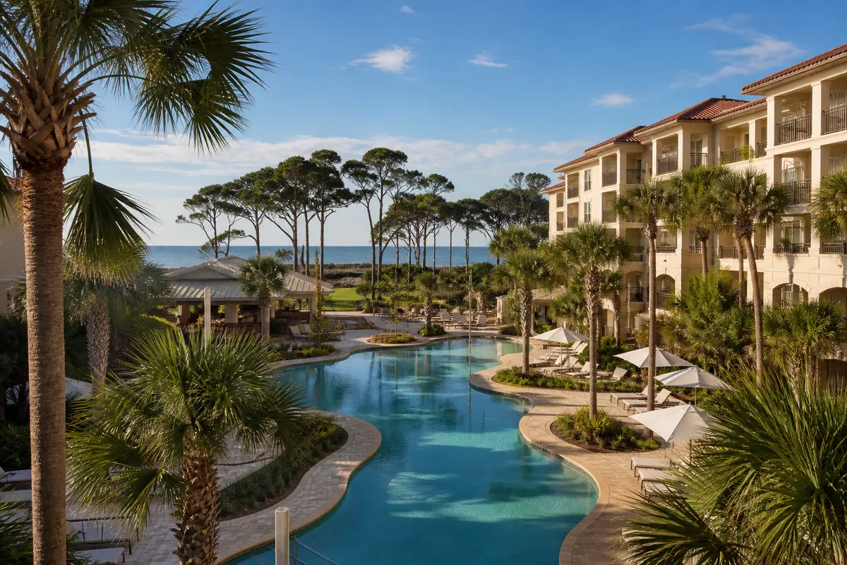 Photoreal travel-editorial view of Omni Hilton Head Oceanfront Resort on Hilton Head Island, South Carolina