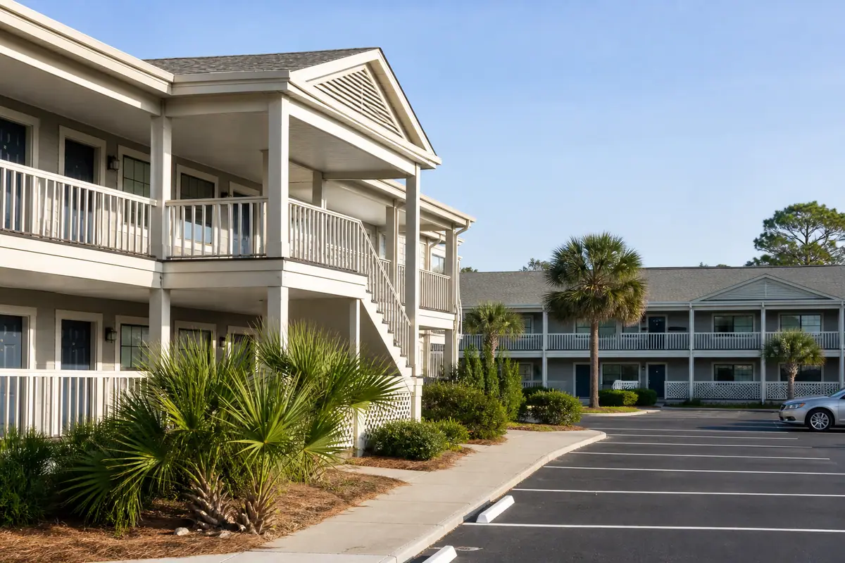 Photoreal travel-editorial view of Simple Rewards Inn on Hilton Head Island, South Carolina