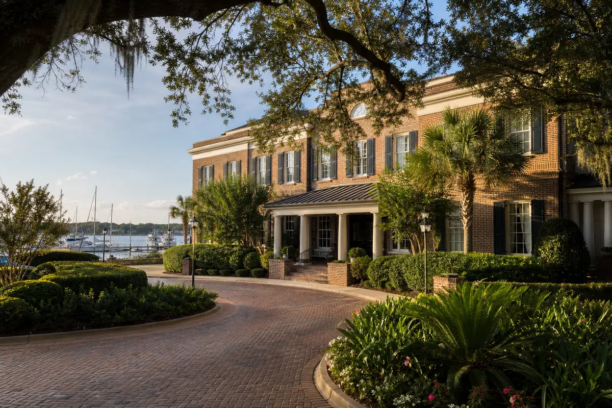 Photoreal travel-editorial view of The Inn & Club at Harbour Town on Hilton Head Island, South Carolina