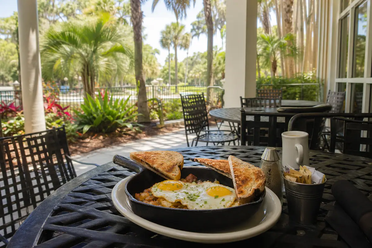 Photoreal travel-editorial view of Skillets Cafe & Grill on Hilton Head Island, South Carolina