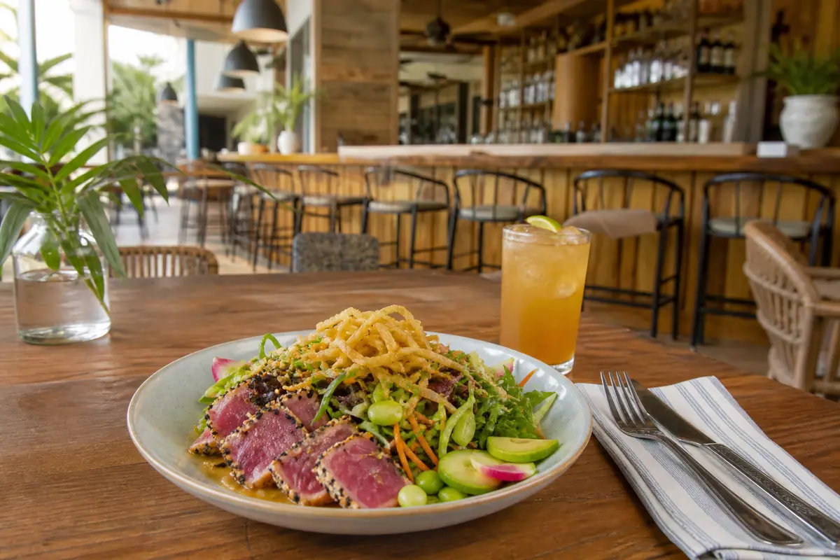 Photoreal travel-editorial view of The Lucky Rooster Kitchen + Bar on Hilton Head Island, South Carolina