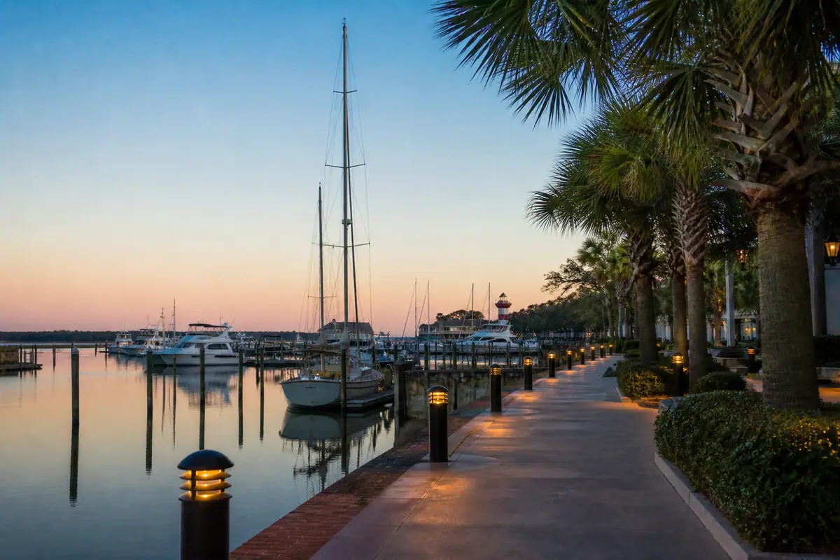 Photoreal travel-editorial view of Shelter Cove Harbour & Marina on Hilton Head Island, South Carolina