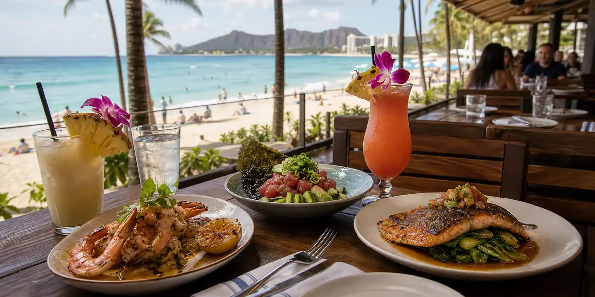 Photoreal beachfront seafood and tropical drinks scene representing Hula Grill Waikiki