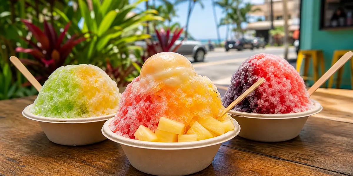 Photoreal colorful shave ice scene representing Waiola Shave Ice in Honolulu