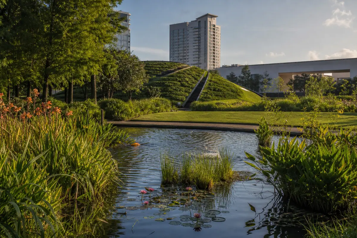 Photoreal view of Hermann Park and McGovern Centennial Gardens in Houston